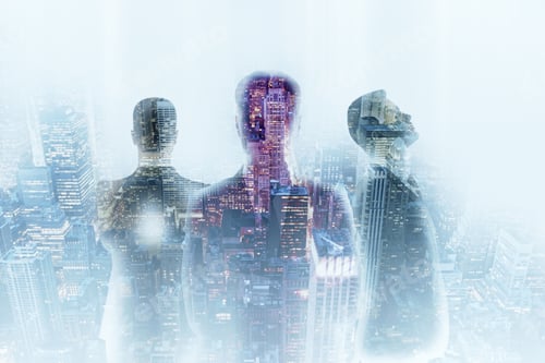 Preview: Three Businessmen On Night City Background. Double Exposure