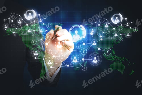 Preview: Businessman Hand With Glowing Digital Map And Hologram. Global Business And Recruiting Concept
