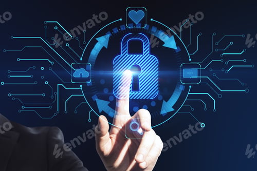 Preview: Man Hand Pointing At Abstract Glowing Blue Padlock Hologram On Blurry Background. Internet