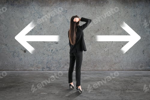 Preview: Back View Of Woman With Two Arrows In Concrete Interior. Different Direction And Choice Concept