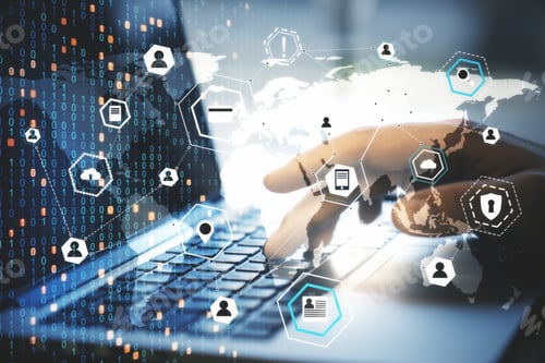 Preview: Hands Typing On Laptop With Remote Work Interface. Remote Access Chain Concept. Close Up. Double