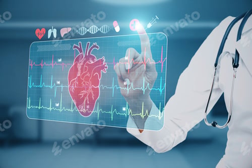 Preview: Close Up Of Female Doctor Hand Pointing At Abstract Glowing Medical Cardiology Interface On Blurry