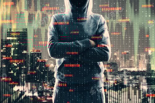 Preview: Hacker With Forex Chart And Folded Arms Standing On Blurry City Background With Binary Code
