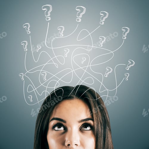 Preview: Search For A Solution Concept With A Woman With Hand Drawn Question Signs At Grey Background.