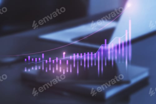 Preview: Close Up Of Tablet And Supplies At Desktop With Abstract Glowing Growing Global Business Chart On