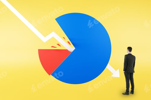 Preview: Crisis And Financial Losses Concept With Businessman Looking At Diagram With Downward Arrow.