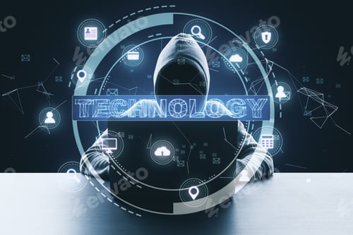 Preview: Hacker Using Laptop With Finance And Technology Interface. Global Business And Information