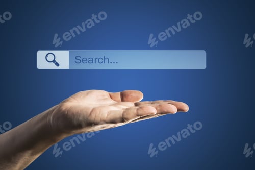 Preview: Online Search Concept With Search Box With Magnifier Icon Over Man Hand On Blue Background