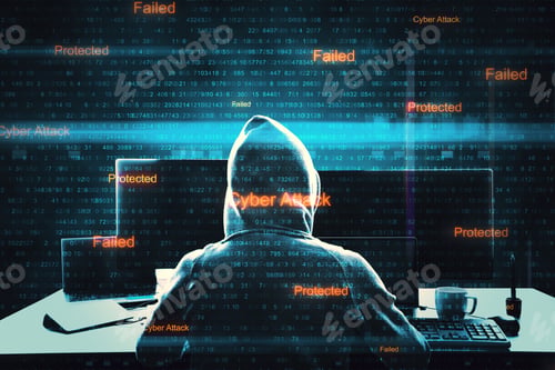 Preview: Back View Of Hacker At Desktop Using Computers With Digital Interface. Malware And Cyber Attack