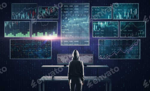 Preview: Hacker In Hoodie Standing At Desk With Digital Financial Interface. Hacking And Trade Concept.