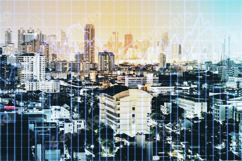 Preview: Creative City Background With Forex Chart Grid. Finance And Trade Concept. Double Exposure