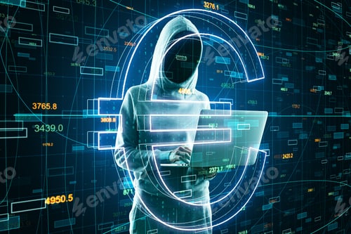 Preview: Malware And Hacking Concept With No Face Hacker With Laptop And Big Glowing Euro Sign At Abstract