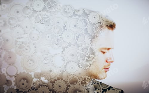 Preview: Side Portrait Of Young Businessman With Cogwheels On Light Background. Brainstorming Concept