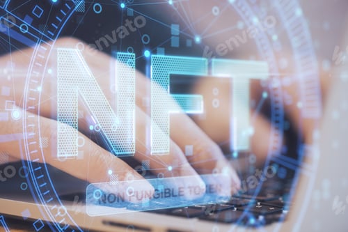 Preview: Close Up Of Hands Using Laptop Computer Keyboard With Glowing Nft Non Fungible Token Concept