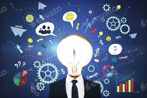 Preview: Idea And Innovation Concept With Glowing Light Bulb On Man Body Shoulders And Colorful Background