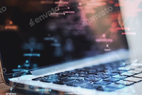 Preview: Close Up Of Laptop With Creative Process Stages Mesh On Blurry Background. Process, System And