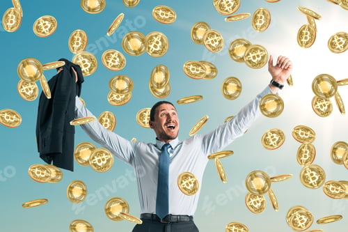 Preview: Businessman Celebrating Golden Bitcoin Rain On Sky Background. Cryptocurrency And Success Concept