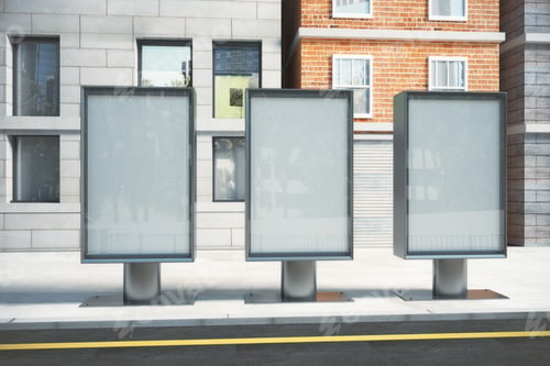 Preview: Blank Glassy Billboards On The Street On A Sunny Day, Mock Up