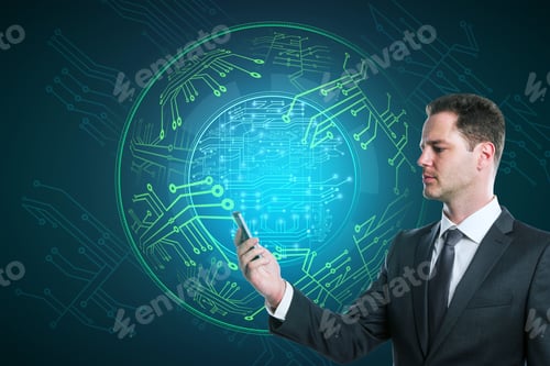 Preview: Attractive Young European Businessman Using Smartphone With Abstract Glowing Digital Circuit Sphere