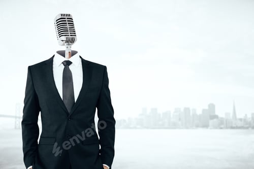 Preview: Mic Headed Businessman On City Background With Copy Space. Voice Concept