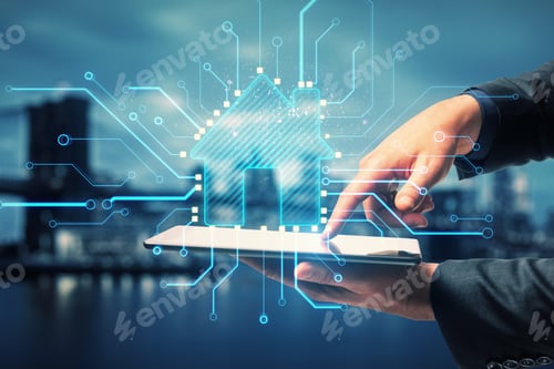 Preview: Close Up Of Businessman Hand Pointing At Tablet With Abstract Glowing House Chip Hologram On Blurry