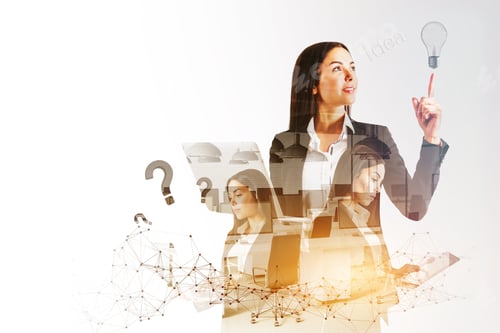 Preview: Attractive Young European Businesswomen With Lamp, Polygonal Mesh, Devices And Question Marks On