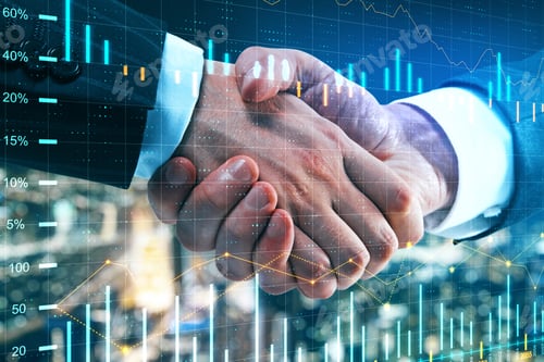 Preview: Business Partnership With Double Exposure Of Handshaking Men And Abstract Financial Graphs At City