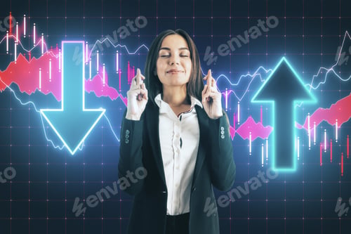 Preview: Businesswoman Crossed Her Fingers For Luck With Glowing Stock Analytics With Arrow On Virtual