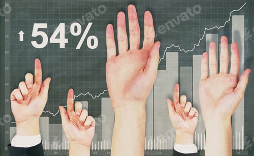 Preview: Raised Up Hands On Chalkboard With Upward Graph Background. Vote Concept