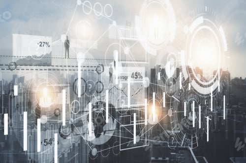Preview: Abstract Digital Business Interface On City Background. Finance Concept. Double Exposure