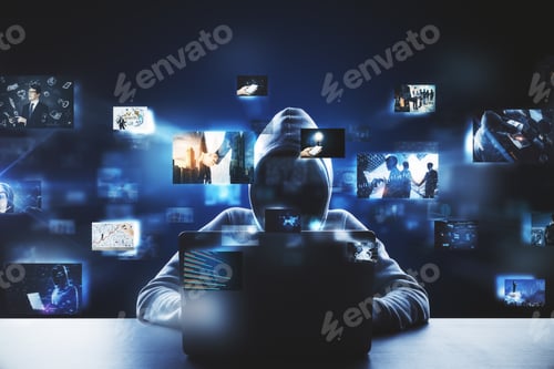 Preview: Hacker At Desktop Using Laptop With Digital Pictures On Blurry Dark Background. Media Photo Gallery