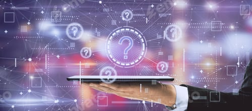Preview: Businessman Hands Holding Tablet With Creative Glowing Question Marks Interface On Blurry