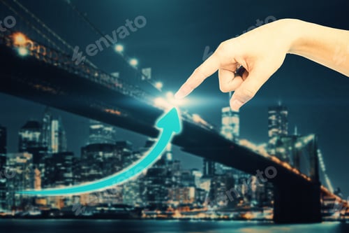 Preview: Hand Pointing At Creative Upward Arrow On Night City Background. Success Concept
