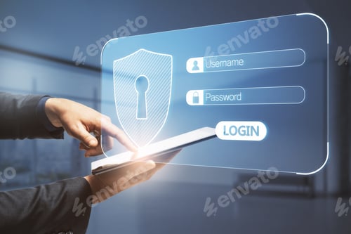 Preview: Close Up Of Businessman Hand Using Tablet With Glowing Username And Password Interface On Blurry