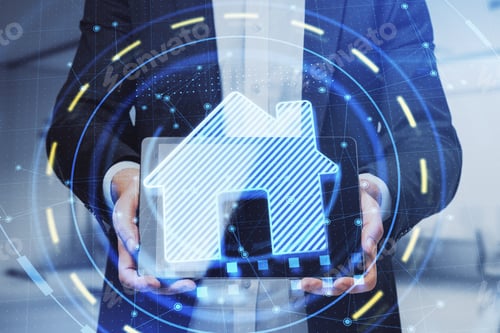 Preview: Close Up Of Businessman Hands Holding Tablet With Glowing House Icon In Blurry Office Interior