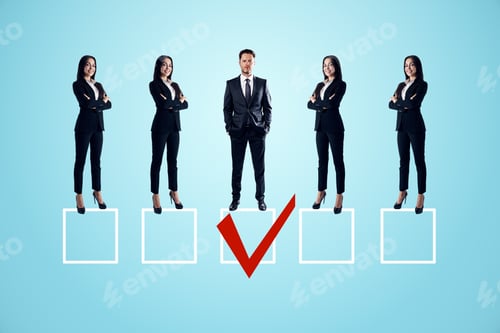 Preview: Row Of Businesswomen And Man On Subtle Blue Background With One Red Tick In Box. Talent Search And