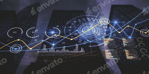Preview: Abstract Glowing Business Graph On Blurry Night City Backdrop. Innovation, Information And