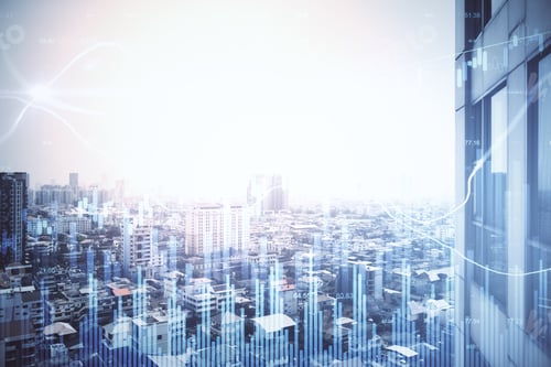 Preview: Growing Stock Chart With Business Statistics On Blurry City Background. Trade And Investment