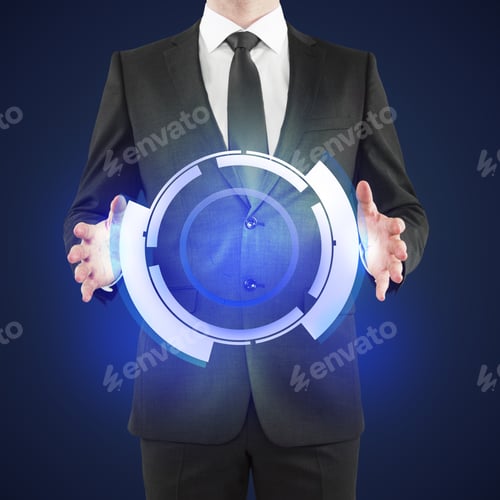 Preview: Businessman In Suit Holding Abstract Digital Button On Blue Background. Technology Concept