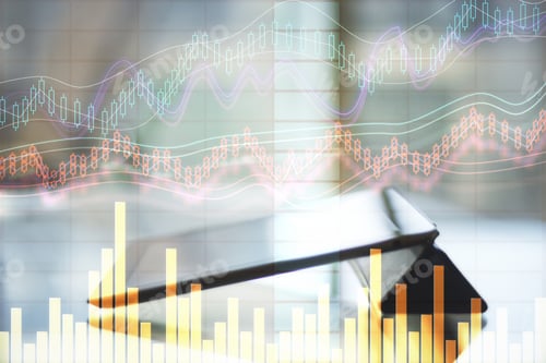 Preview: Side View And Close Up Of Tablet With Forex Chart On Blurry Office Background. Technology And