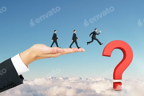 Preview: Businessmen Walking Towards Question Mark On Blue Sky Background. Confusion And Teamwork Concept