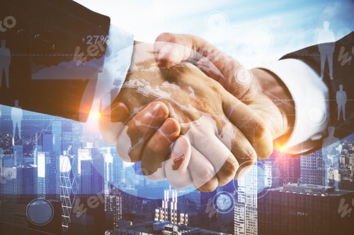 Preview: Close Up Of Handshake With Creative Digital Charts, Terrestrial Globe And Hr Icons On City