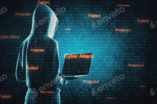 Preview: Hacker In Hoodie Using Laptop On Abstract Cyber Background. Virus Attack And Protection Concept