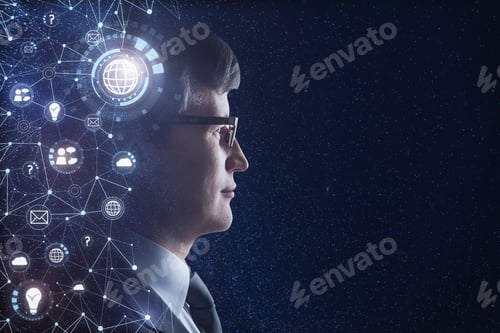 Preview: Side Portrait Of Handsome European Businessman With Digital Hologram Standing On Space Starry Sky