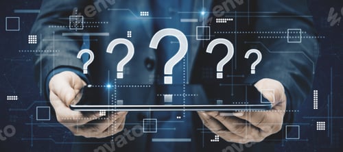 Preview: Businessman Hands Holding Tablet With Creative Glowing Question Marks Interface On Dark Background