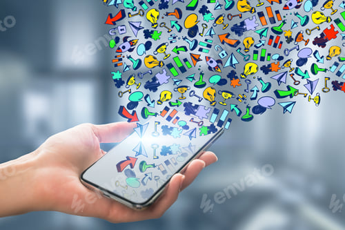 Preview: Side View Of Hand Holding Smartphone With Creative Sketch On Blurry Background. Social Media And