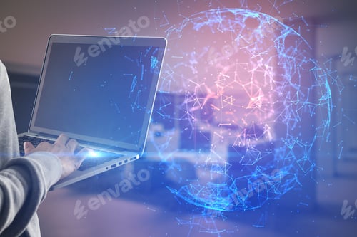 Preview: Close Up Of Hand With Laptop And Abstract Glowing Polygonal Sphere On Blurry Office Interior