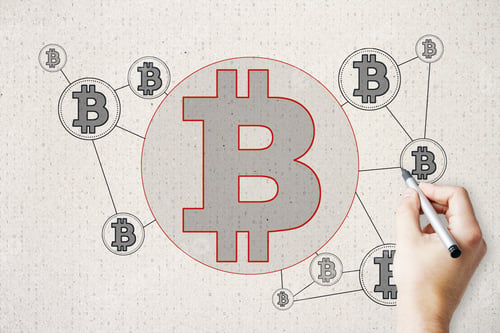 Preview: Hand Drawing Bitcoin Sketch On Concrete Wall Background. Cryptocurrency And Finance Concept