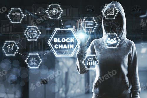 Preview: Back Silhouette Of A Hacker Touching Digital Sensor Screne With Blockchain Icons.