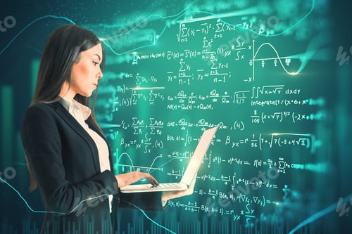Preview: Side View Of Attractive Young European Businesswoman Using Laptop On Abstract Scientific Formulas
